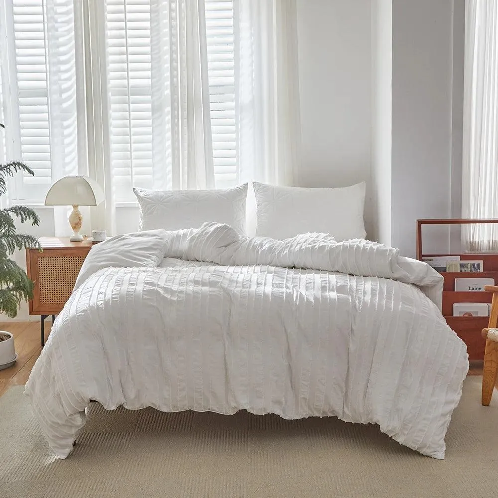 Minimal Whtie Beige Soft Tufted Bedding Set | Modern Stripe Tuft Design Bed Duvet cover Pillow case