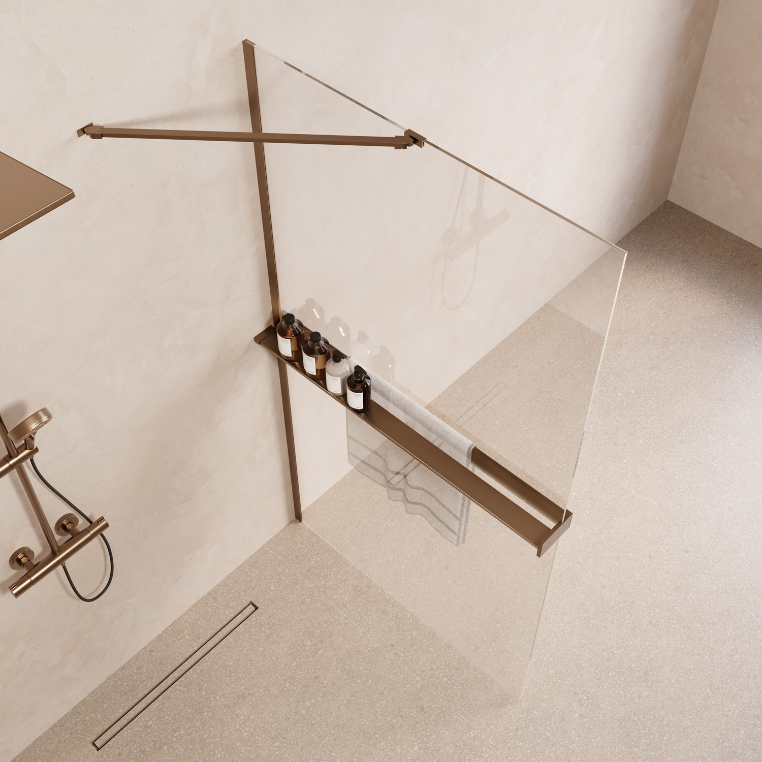 Saniclear Oblique inloopdouche 120cm met handdoekhouder en helder glas verouderd messing