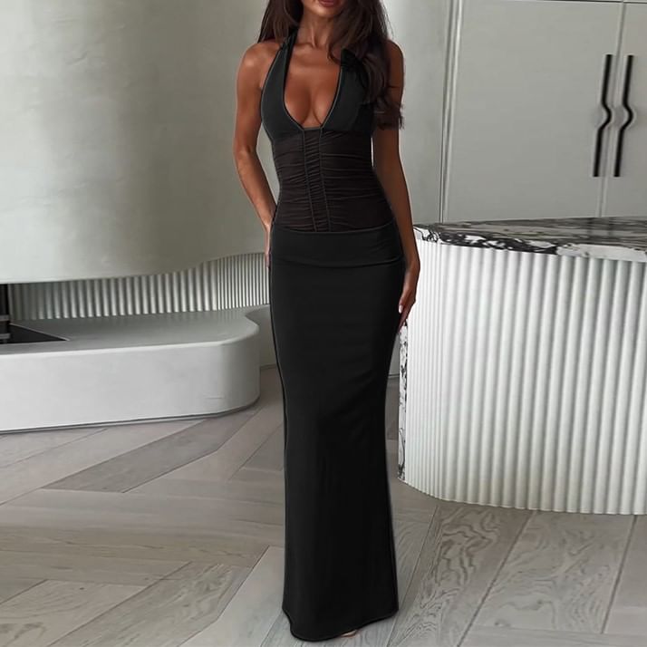 Alizio - Halter V-hals Effen Geplooide Mesh Maxi Schede Jurk