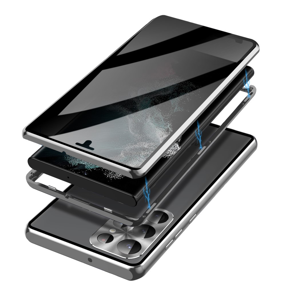 Samsung Galaxy S23 Ultra 5G Magnetische Alu Schutzhülle mit Panzer Glas Backcover   Privacy Display- / Kameraglasschutz (Verschlussmechanismus) - Silber