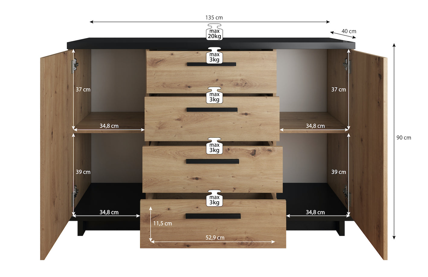 Meubella - Dressoir Incala - Eiken - Zwart - 135 cm