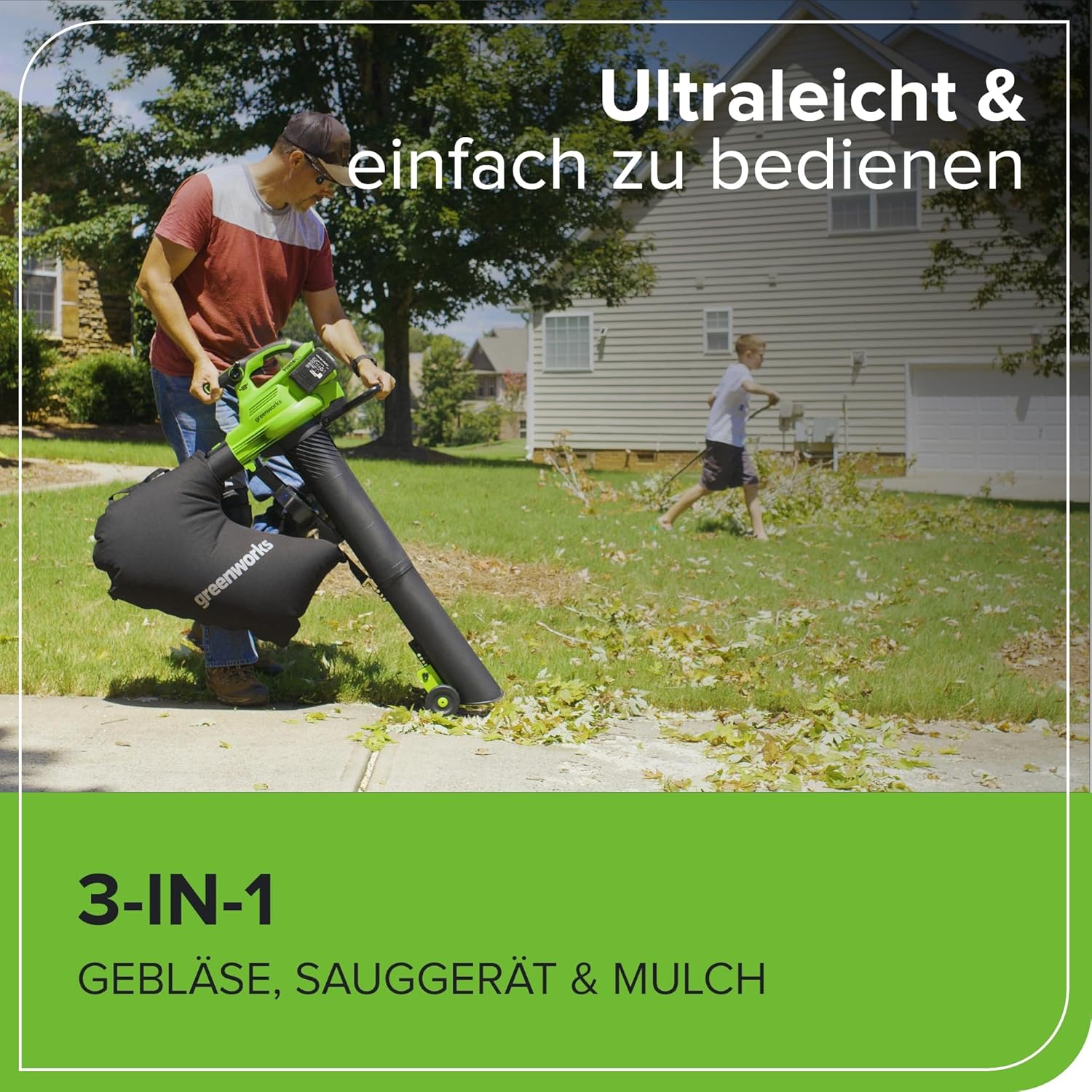 Greenworks 48V(24V x 2) Akku Laubsauger - Laubbläser mit Schultergurt, bürstenloser Motor, 386 km/h, 14.73 m³/min, 45L Fangsack, Zwei 4Ah Batterien und Ladegerät, 3 Jahre Optimal BL48L421-01