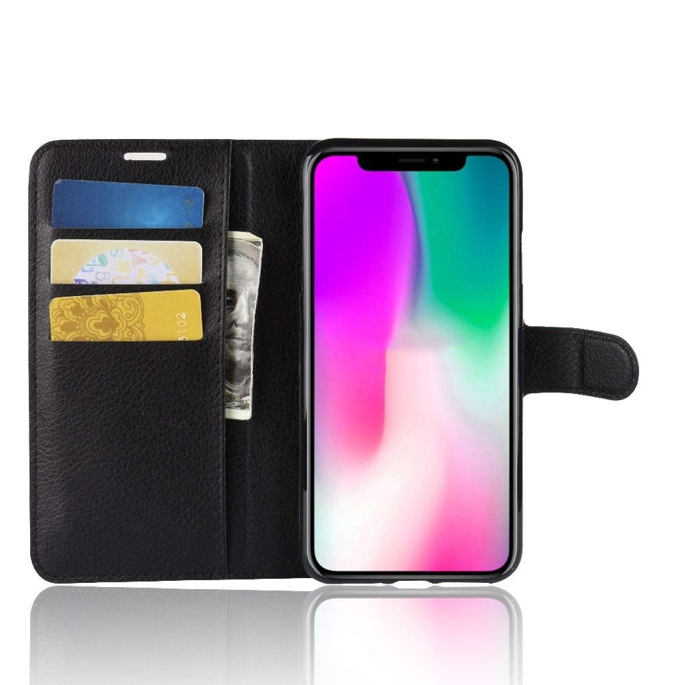 iPhone Xr Leder Tasche Flip Cover Litchi Look - Schwarz