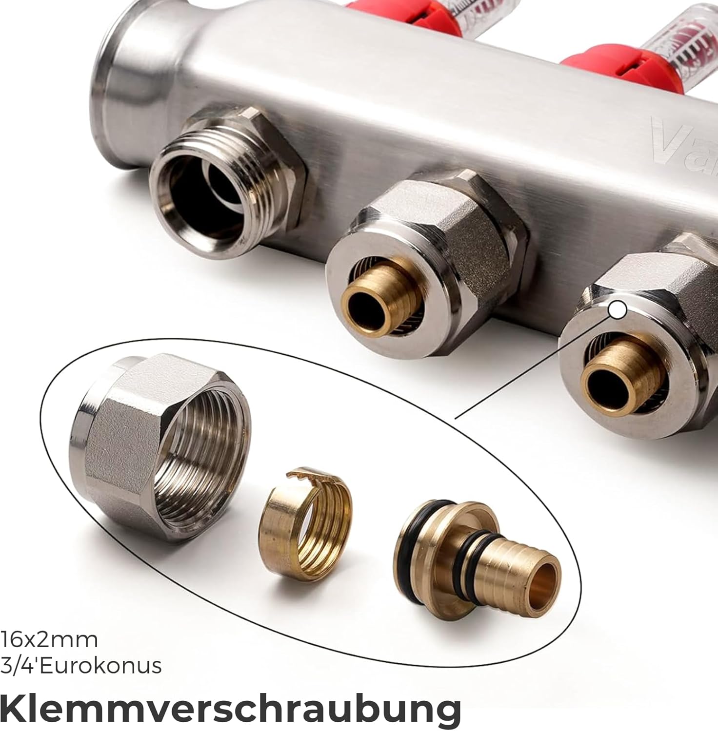 VANCOCO Heizkreisverteiler Edelstahl für 4 Heizkreise mit Eurokonus 16 × 2 mm, Fußbodenheizung Verteiler, Schnellentlüfter Set, 1