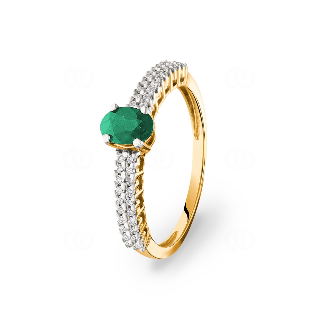 Damenring 750/18 K Gelbgold mit Smaragd oval und Diamanten 0.16 ct H/si