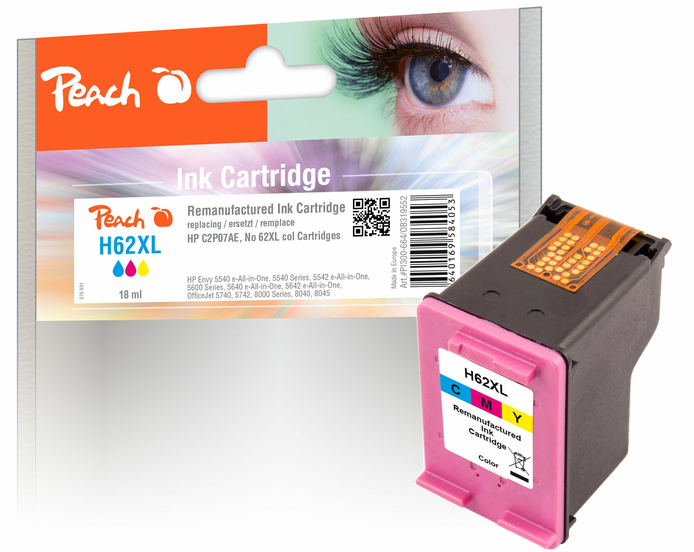 Peach HP 62 XLc Druckkopf XL col ersetzt HP No. 62XL c, C2P07AE für z.B. HP Envy 5646 e-All-in-One, HP Envy 5644 e-All-in-One, HP Envy 7640 e-All-in-One (wiederaufbereitet)