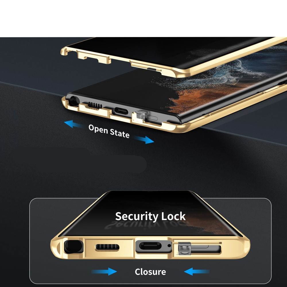 Samsung Galaxy S24 Magnetische Alu Schutzhülle mit Panzer Glas Backcover   Privacy Display- / Kameraglasschutz (Verschlussmechanismus) - Lila