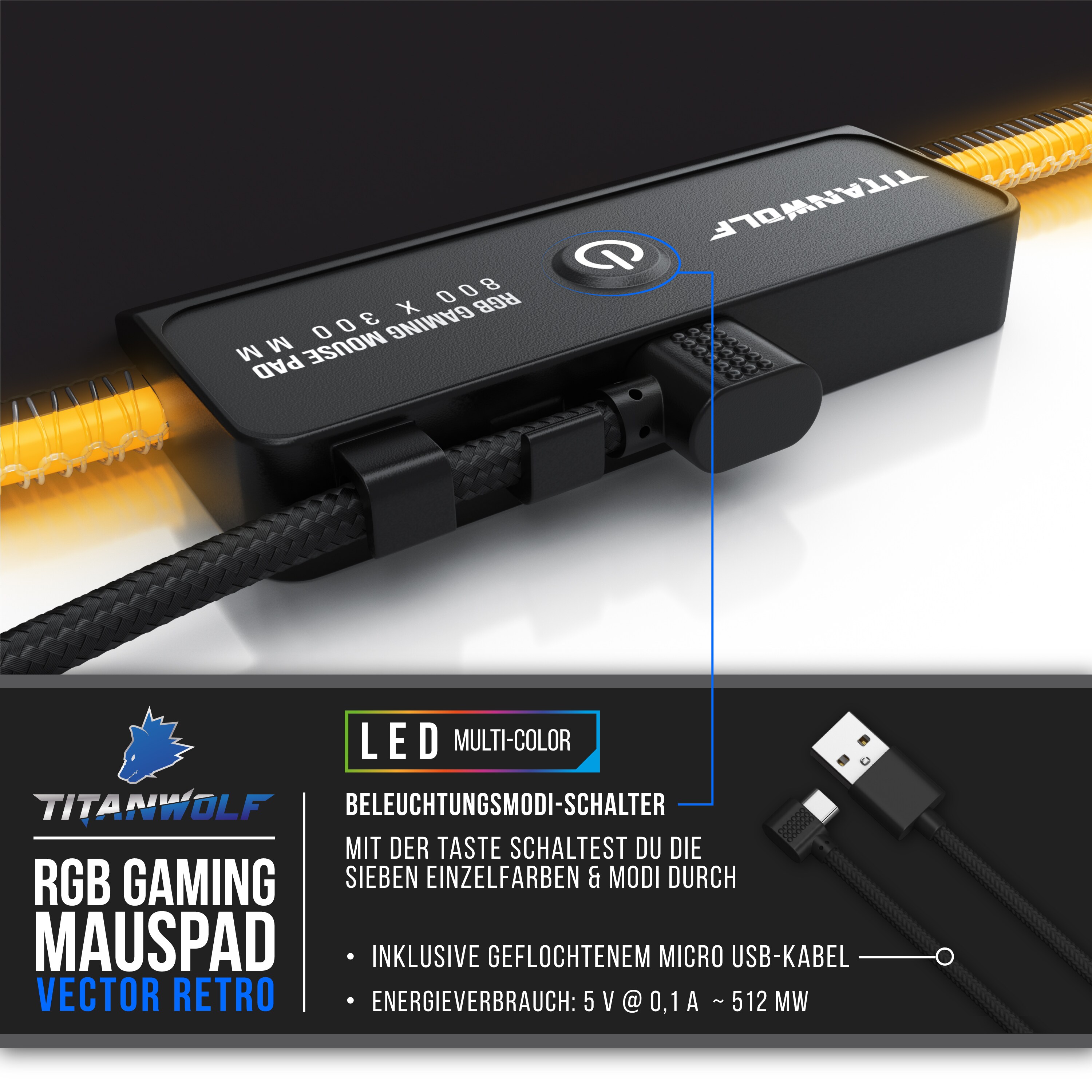 Titanwolf RGB Gaming Mauspad, Mousepad XL 800 x 300mm verbessert Präzision & Geschwindigkeit, Vector Gradient