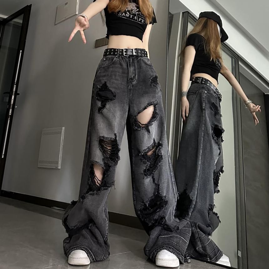 Chisan - Mid Rise Washed Ripped Wide Leg Jeans