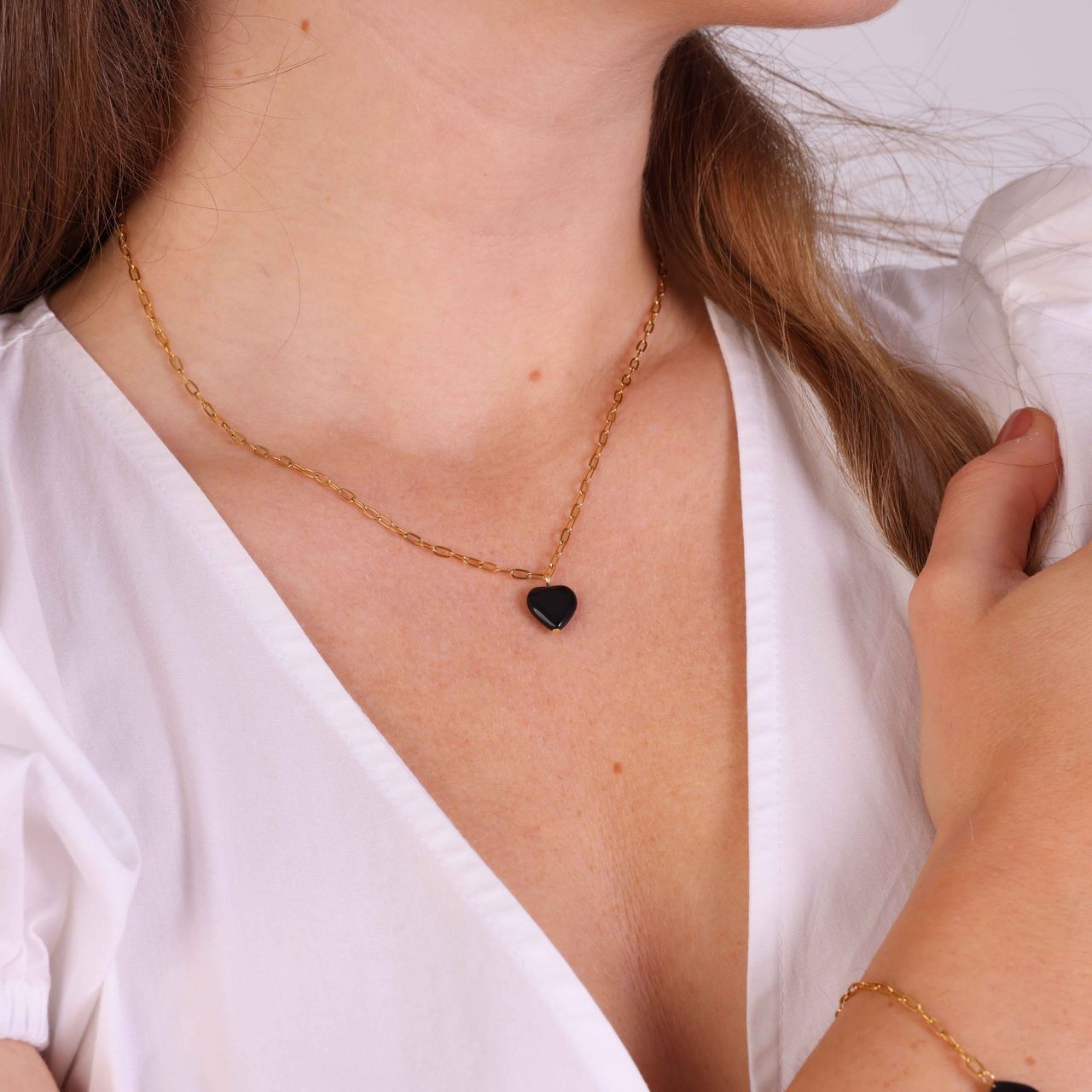 Stalen goldplated ketting met hart obsidiaan