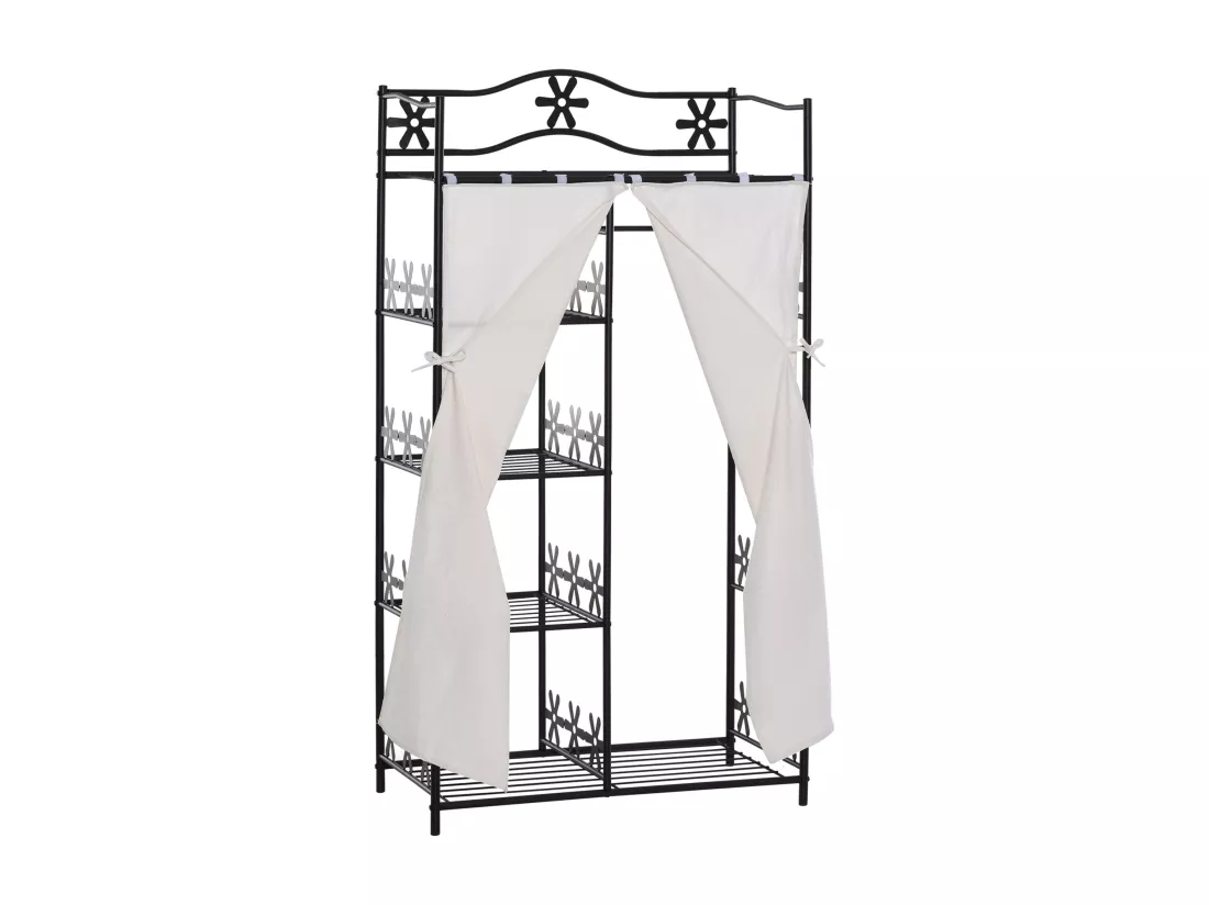 Armoire penderie multi-rangement - 5 étagères - dim. 84L x 42l x 158,5H cm - métal noir motif fleurs 2 rideaux blanc