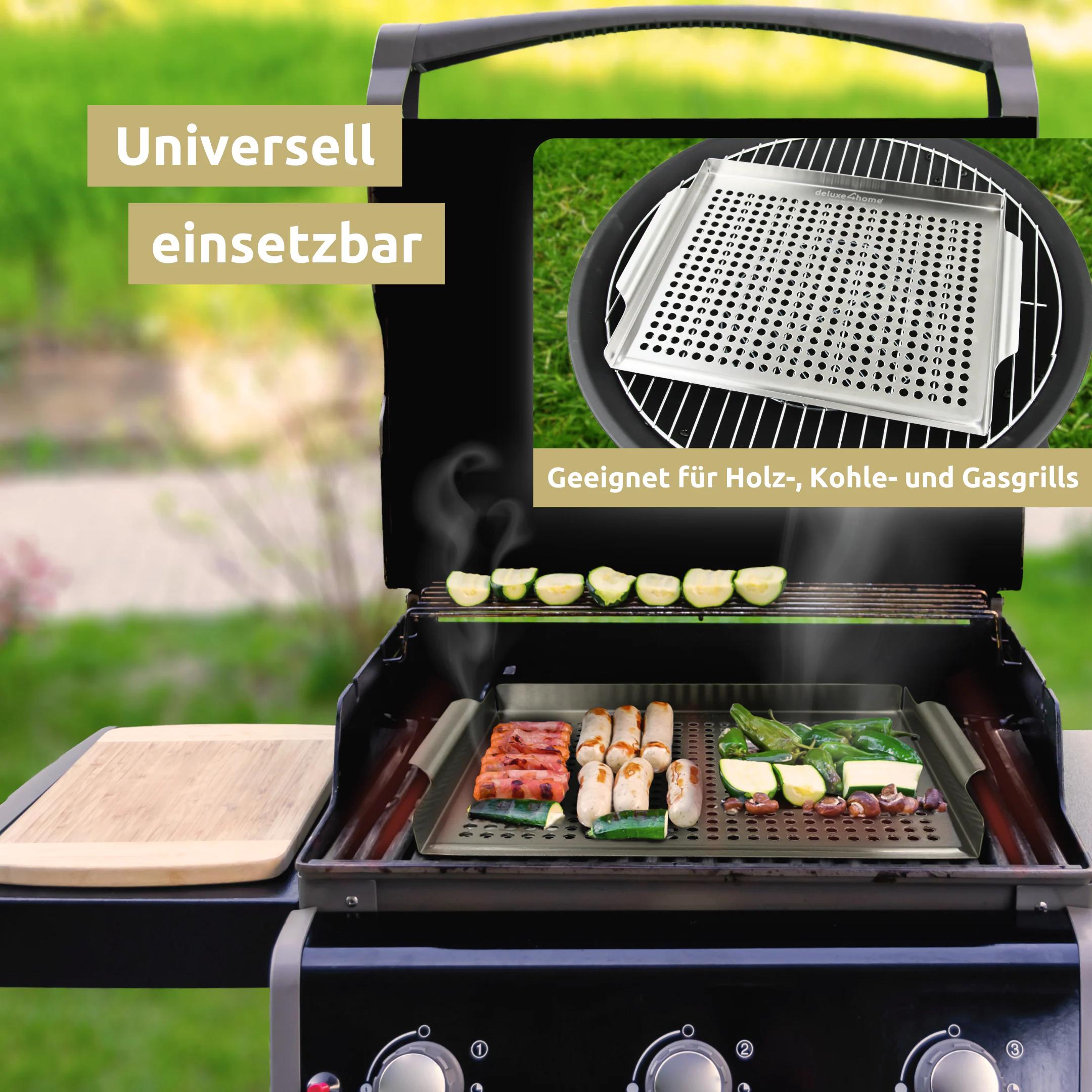 deluxe4home® Grillschale Edelstahl 40x30 cm I geeignet für alle Grillarten, Spülmaschinengeeignet