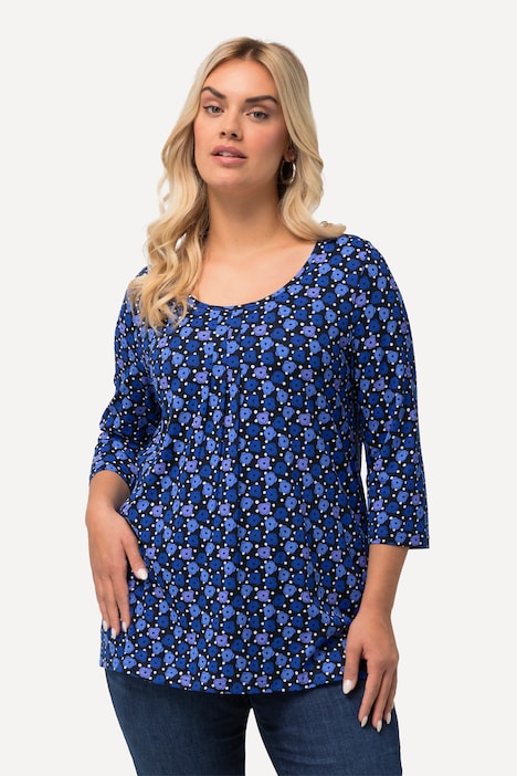 Shirt, Blüten, A-Linie, Zierfalten, V-Ausschnitt, 3/4-Arm
