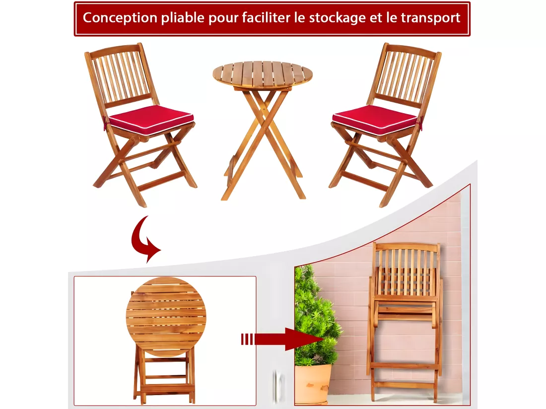 Ensemble de Table et Chaises en Bois d’Acacia, Comprenant 1 Table et 2 Chaises, Coussins Rembourrés, Ensemble de Mobilier de Terrasse pour Intérieur et Extérieur (Rouge+Naturel)