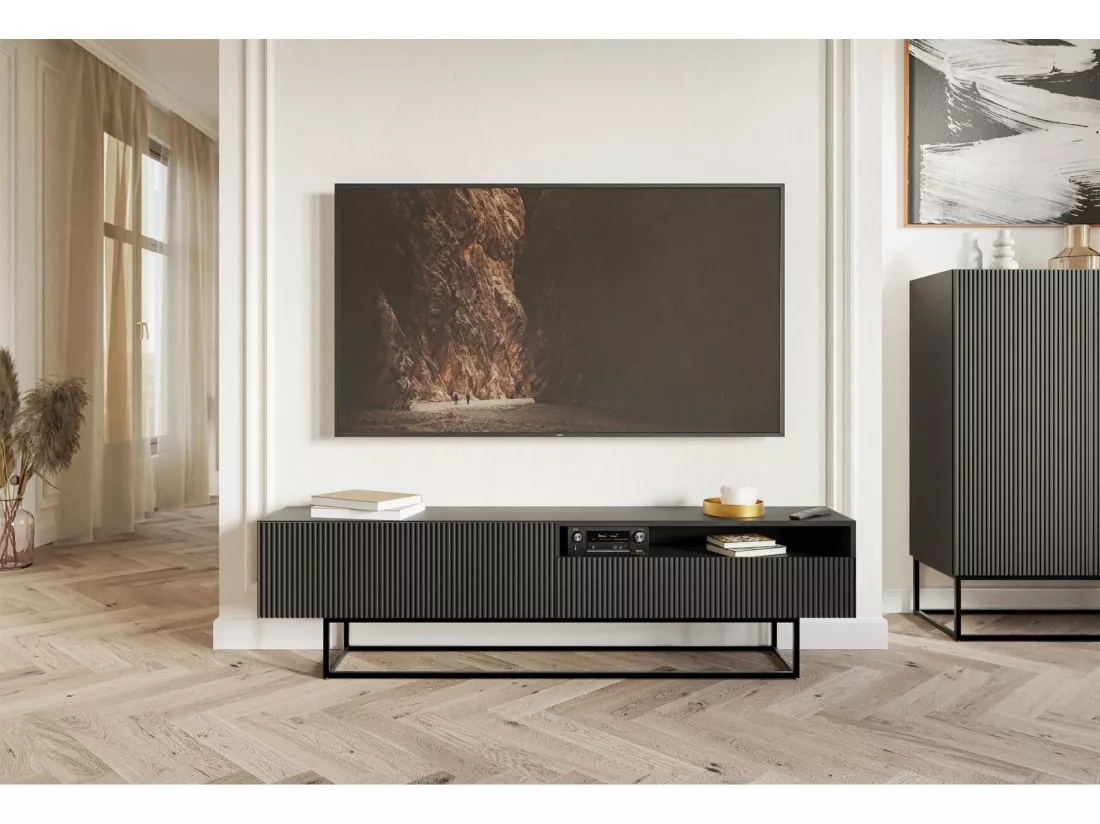 Meuble TV avec niche sur pieds noir - 175 cm - noir - VELDIO