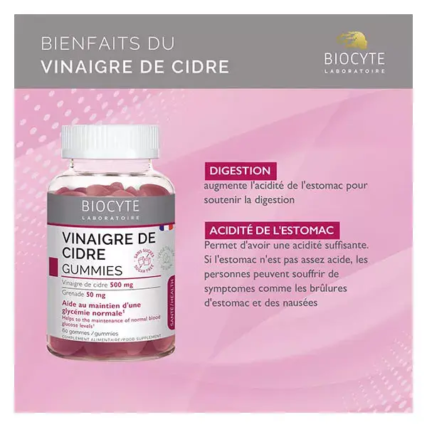 Gomas Biocyte com Vinagre de Maçã para Digestão, Nível de Açúcar 60 gomas