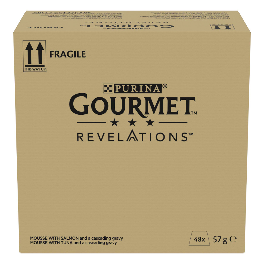 Mousse Gourmet Revelations com Salmão e Atum em potes para gatos
