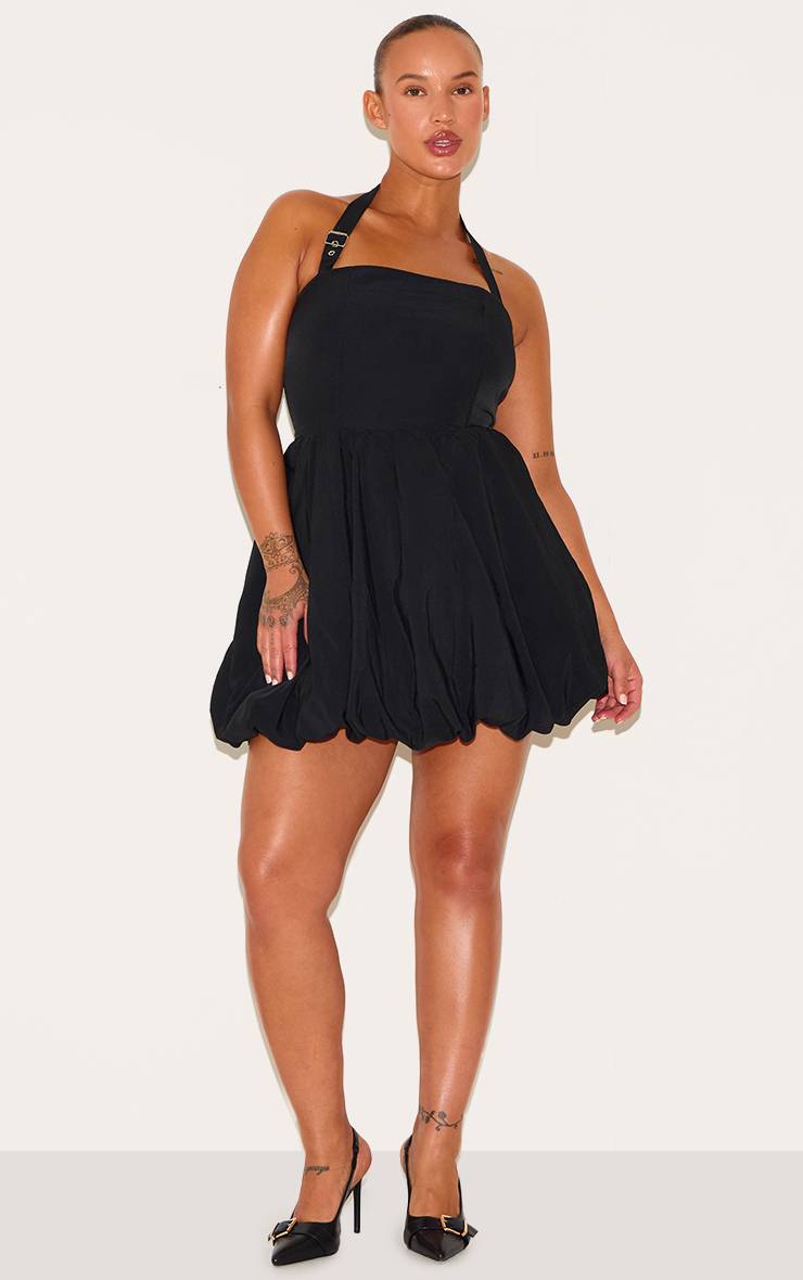 Noir Robe Mini Bouffante À Col Licou Avec Détails De Boucles Grande Taille