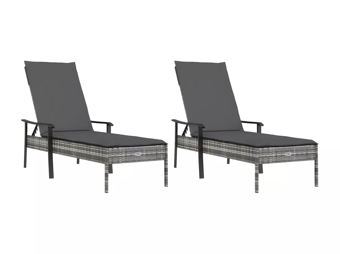 Chaises longues 2 pièces avec table et coussins gris résine tressée