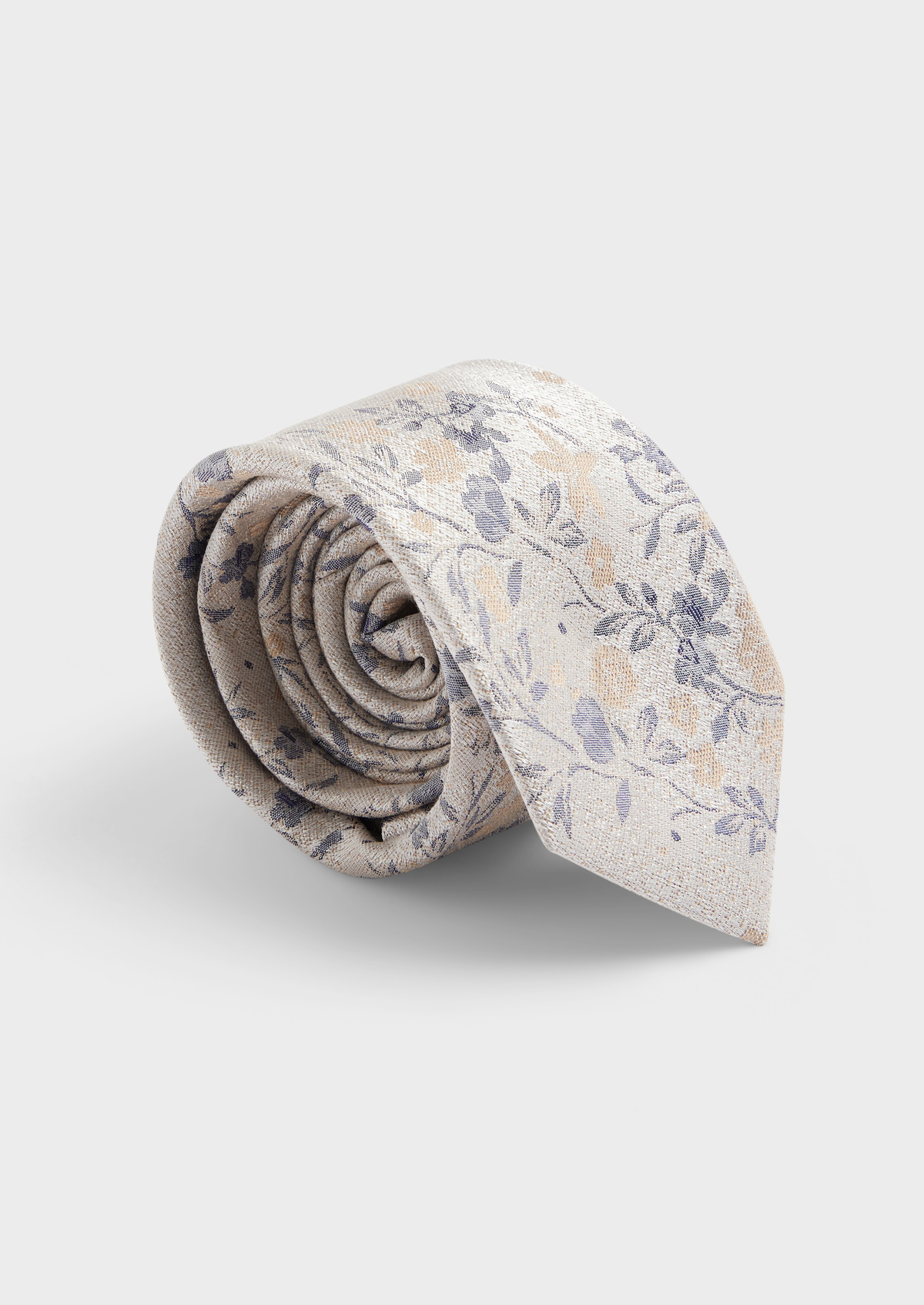Cravate large en coton et soie mélangés sable à motif fleuri bleu