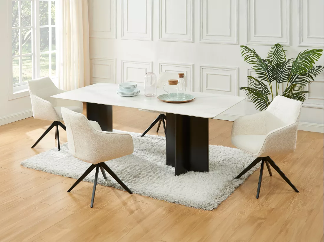 Table à manger 8 personnes en céramique et MDF - Effet marbre blanc et noir - SINAN