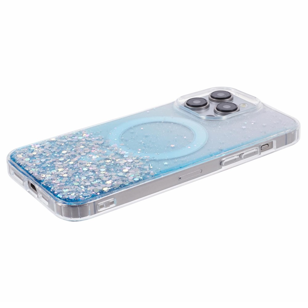 iPhone 14 Pro Max MagSafe Hülle mit Acryl Rückseite und Farbverlauf im Glitzer Design - Blau