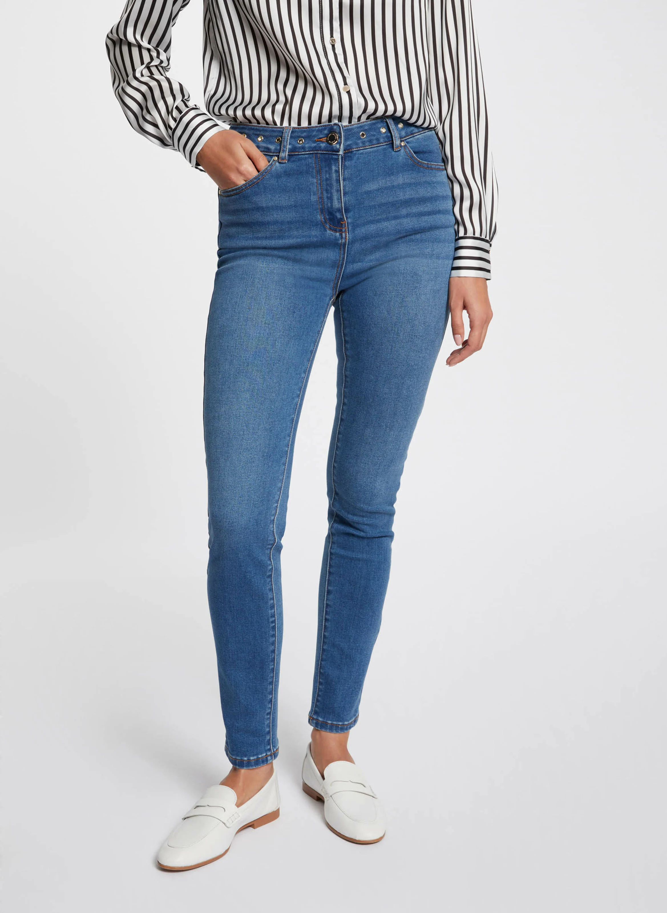 PABLO - Jean slim taille haute en coton mélangé | Bleu