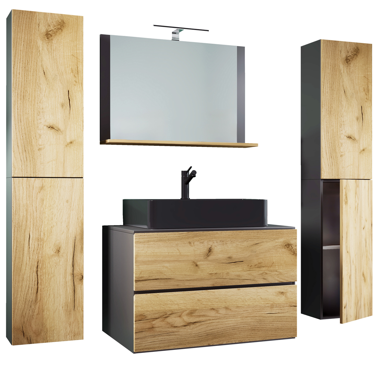 5-teiliges Badmöbel-Set LENDAS BL XL - Honig Eiche - anthrazit - 60 cm