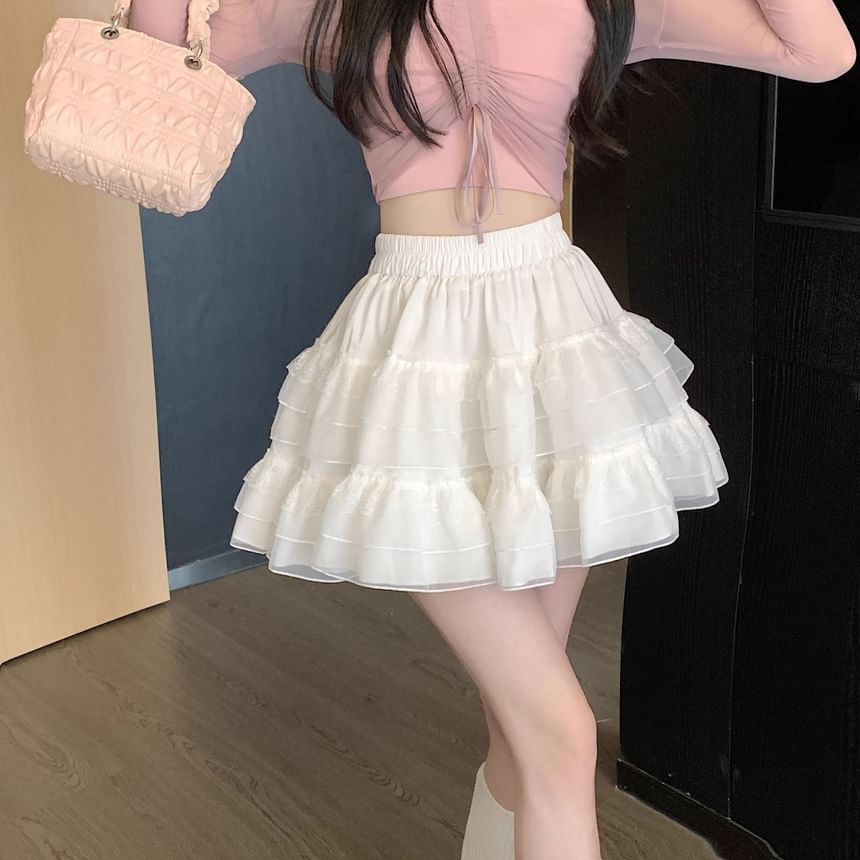 Guromo - Balletcore elastische taille effen gelaagde mesh mini A-lijn rok