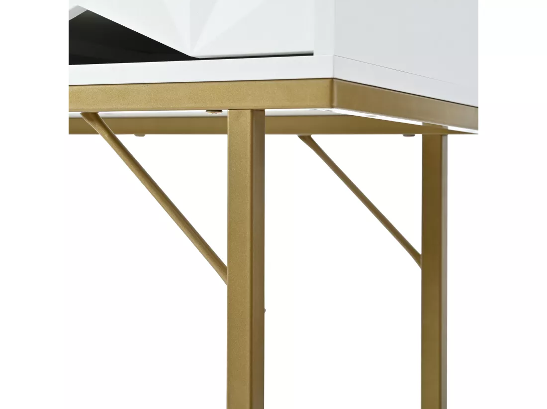 Table console moderne, design creux à 2 tiroirs, Blanc & Doré