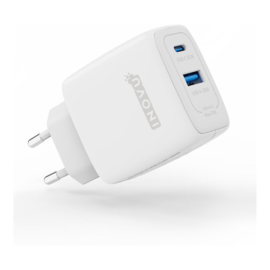 INOVU Chargeur Secteur 65W 2 en 1 (USB-A + 1 x USB-C) Power Delivery, GAN