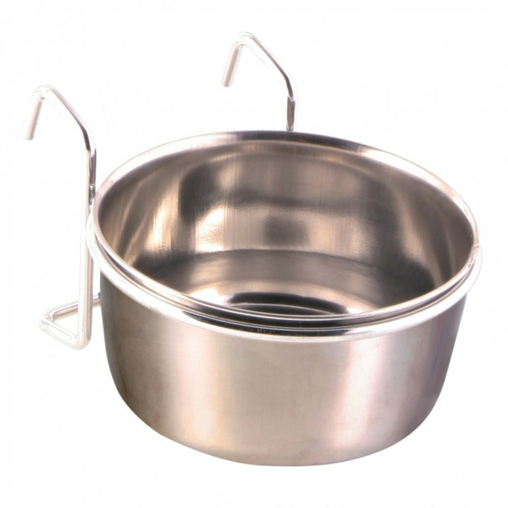 Mangeoire acier inoxydable 300 ml ø9 cm, avec support pour oiseaux.