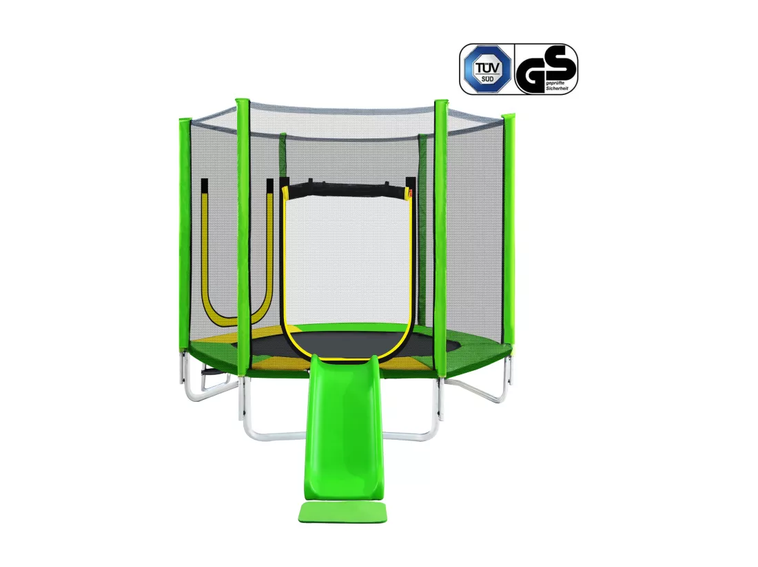 Trampoline de jardin extérieur certifié TÜV Rheinland - comprenant toboggan, filet de sécurité et accessoires - adapté aux enfants de plus de 3 ans - Vert
