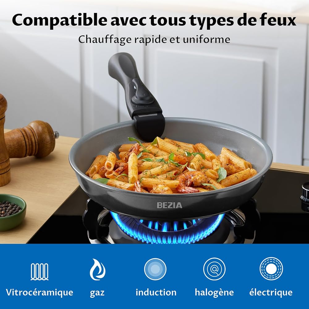 BEZIA Batterie de cuisine à induction avec revêtement en céramique sain, casseroles et poêles antiadhésives 10 pièces avec poignées amovibles, pour camping-car à induction avec poignées amovibles, : Cuisine et Maison