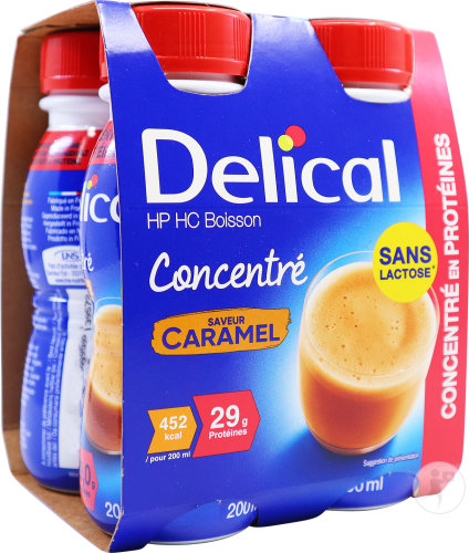 Delical Concentré HP HC Boisson Sans Lactose Saveur Caramel Bouteilles 4x200ml