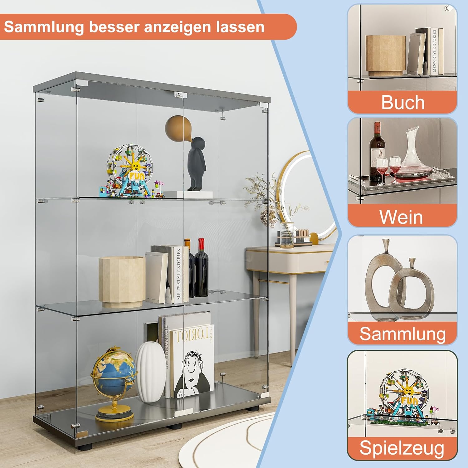 FANYUSHOW Glasvitrine Standvitrine in Schwarz, Modern Glas Holz Vitrine 3-Lagen Vitrine aus Glas für Sammlerstücke Bücher Wein, für Büro Wohnzimmer Küche, 125 x 79 x 36.5 cm
