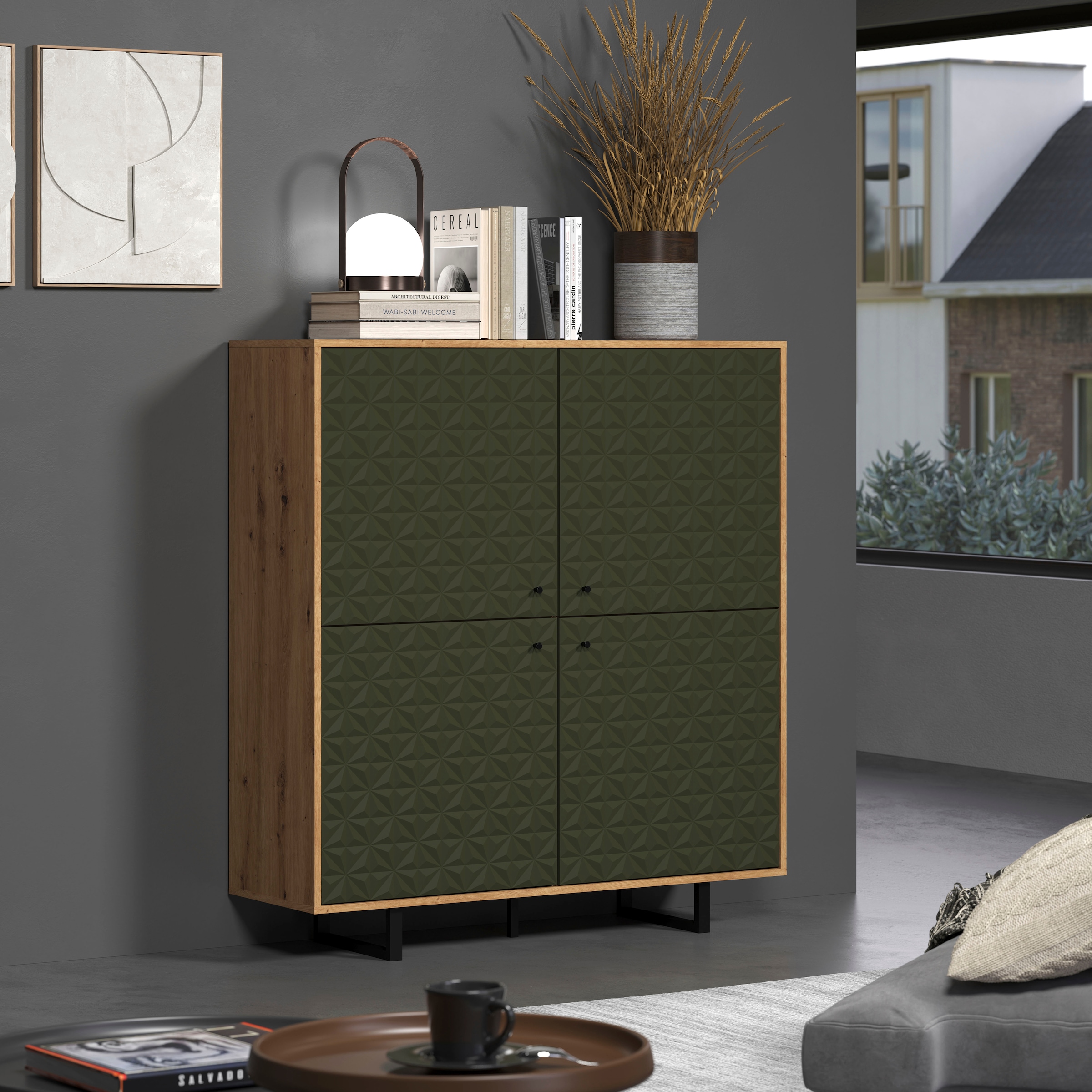 PLACES OF STYLE Highboard »Ferretti« Sideboard mit besonderer Fräsung - Füsse und Griffe aus Metall