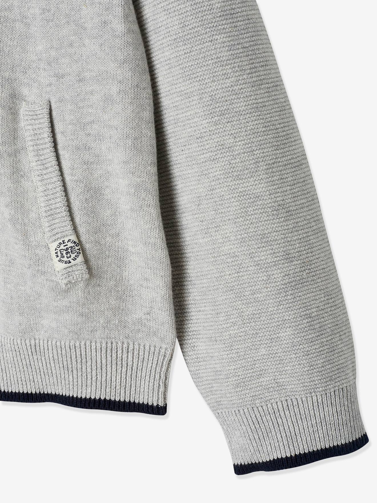 Jaqueta de tricô elegante com zíper e gola de pelúcia, para meninos, cinza mescla escuro