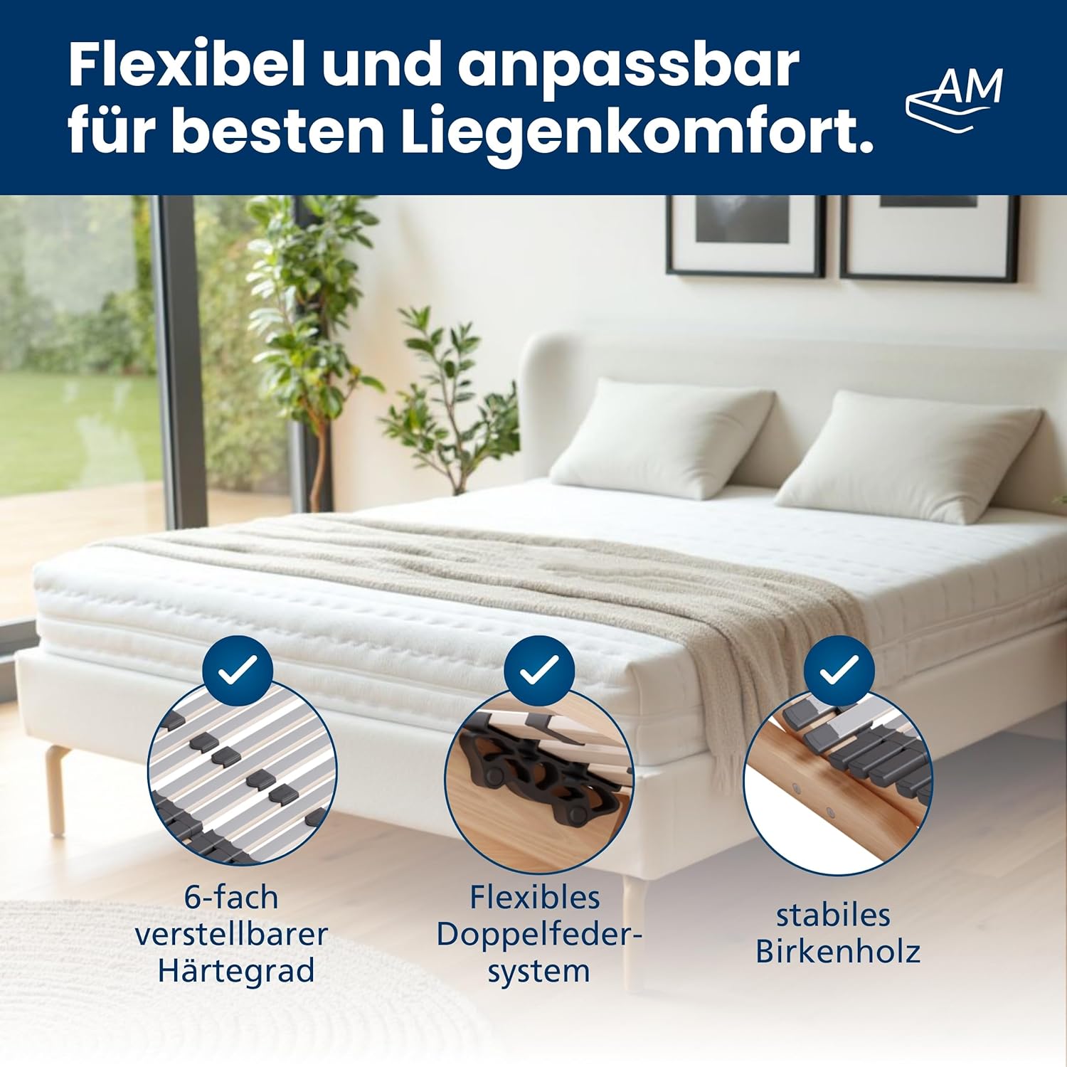 AM Qualitätsmatratzen 7 Zonen Lattenrost 90x200 verstellbar mit 44 Federleisten - Made in Germany - Verstellbarer Lattenrost 90x200 - Kopf und Fußteil - Holmabsenkung für Schulter und Becken