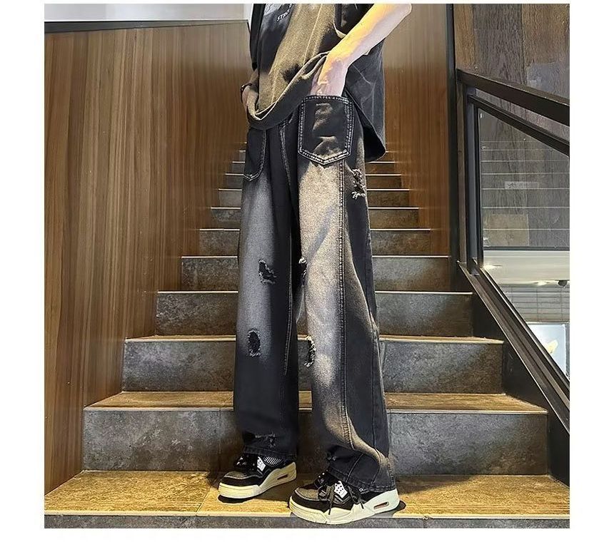 Bay Go Mall - Low Rise Washed Distressed Straight Leg Jeans