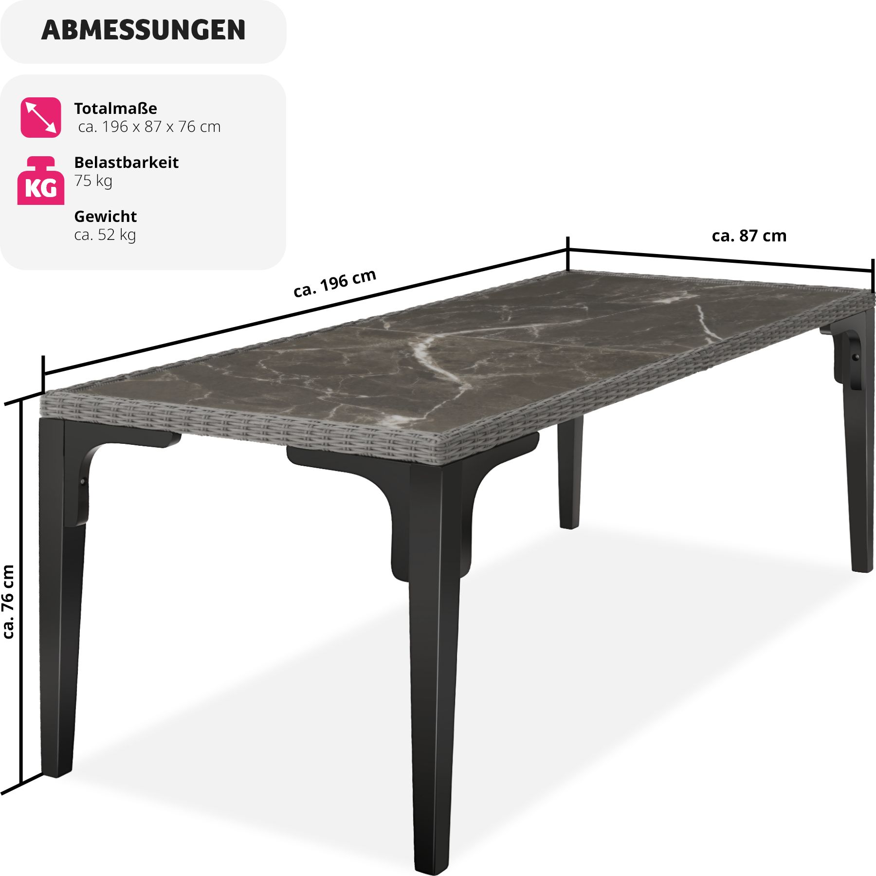 tectake® Rattan Tisch, mit Aluminium- und Holzgestell, wetterfest und UV-beständig, 196 x 87 x 76 cm