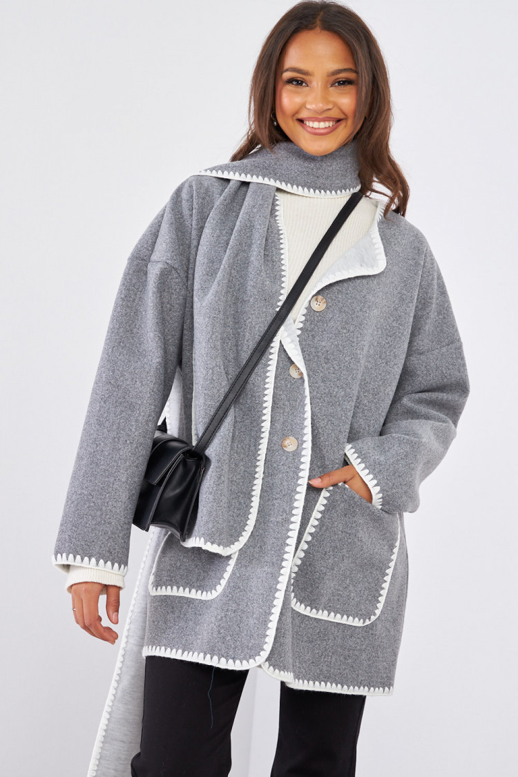 Ensemble 2 pièces veste + écharpe grise à couture en relief