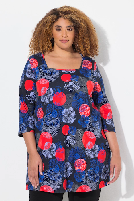 Longshirt, A-Linie, Carree-Ausschnitt, 3/4-Arm, schwarz