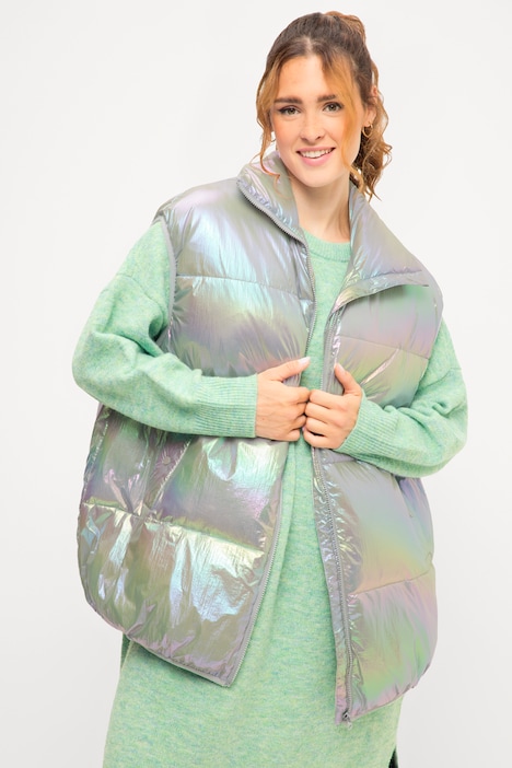 Steppweste, oversized, Holografic-Look, Stehkragen, Zipper