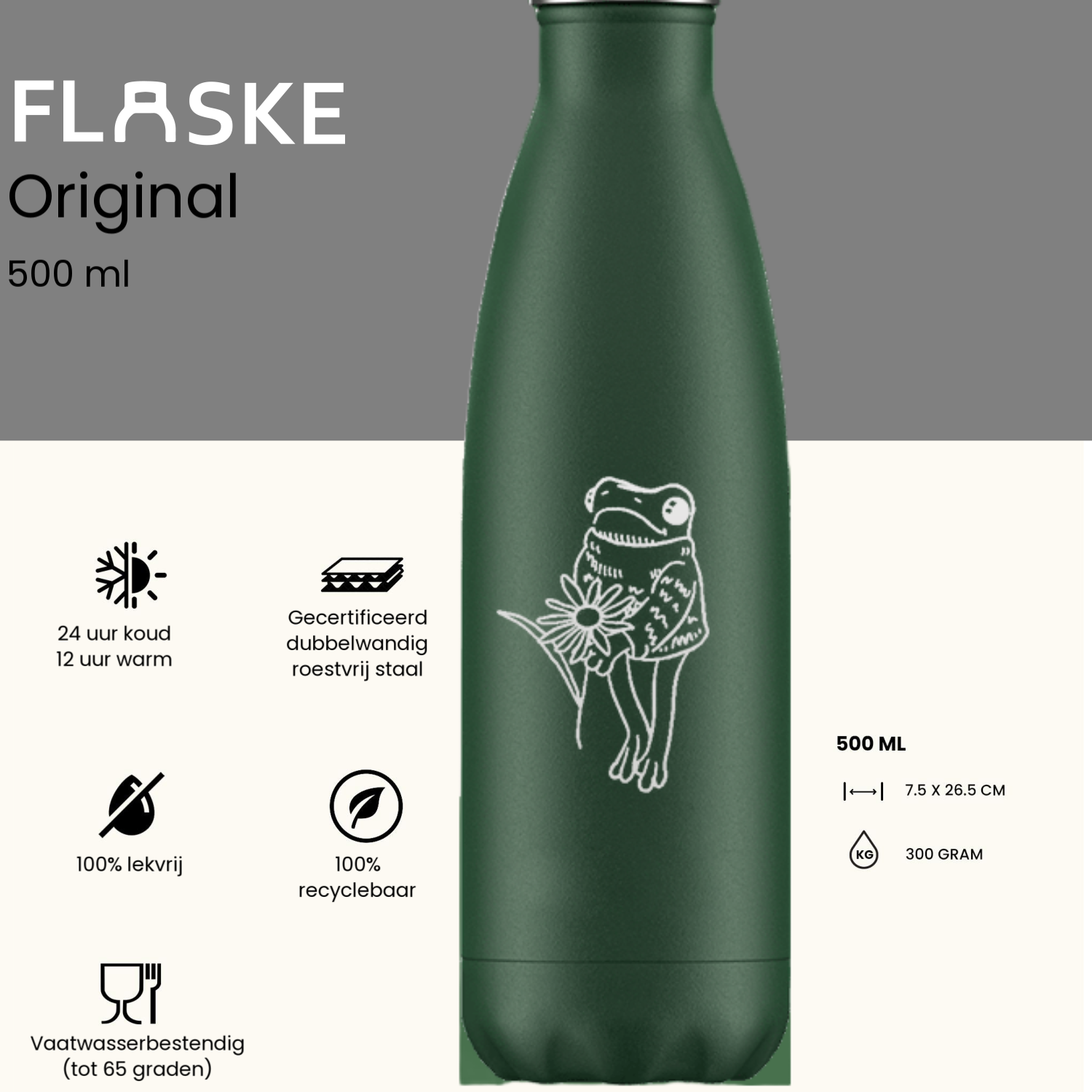 FLASKE 500 ml RVS drinkfles - Flower Frog
