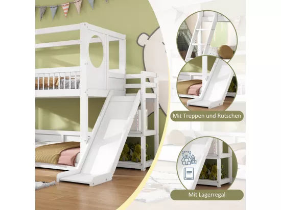 Lits pour enfants superposés 2 x 90 x 200 cm - lit cabane avec toboggan - Pin - charge max 150kg - Blanc