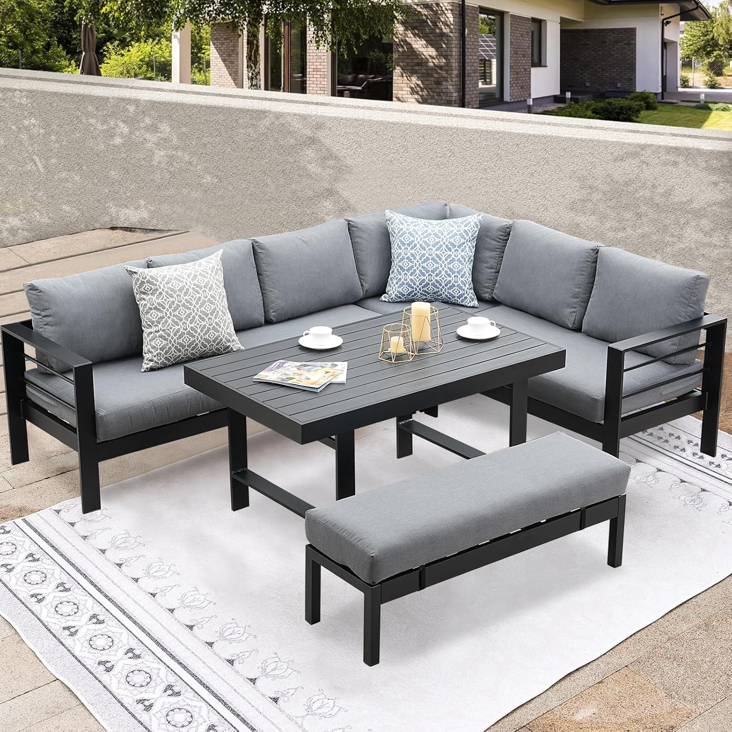 Atenza Aluminium Gartenlounge Set 6-8 Personen, Ecklounge Gartenmöbel-Set mit Ecksofa, Tisch und Sitzbank, Outdoor Lounge mit Sitz- und Rückenkissen für Garten, Terrasse, Balkon (Schwarz)