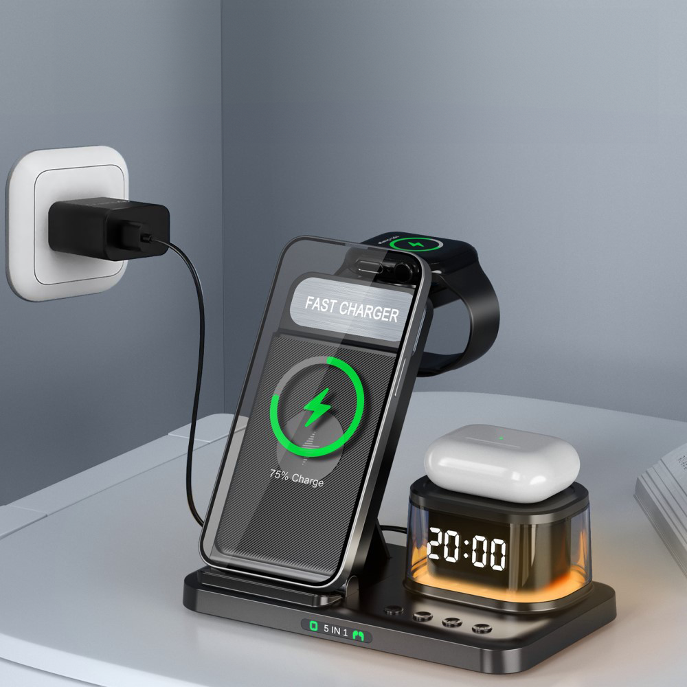 (15W) 5in1 Ladegerät Qi Wireless Charger für Smartphones / Apple Airpods / Apple Watch Ladestation mit Uhrzeit   Nachtlicht - Schwarz