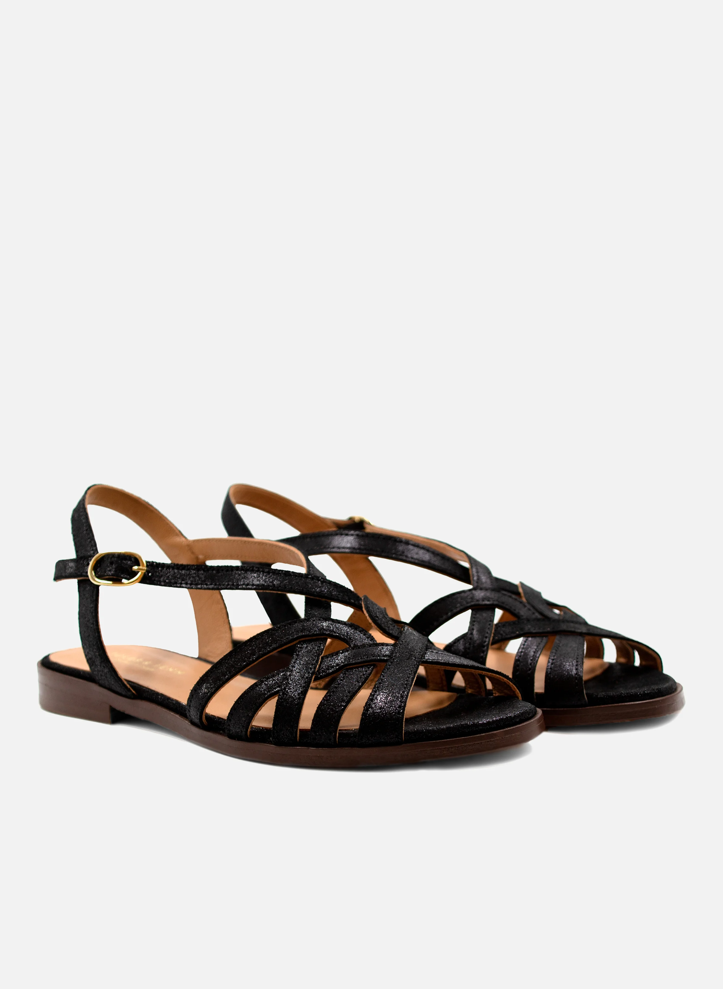 Sandales plates brides cuir métallisé | Noir