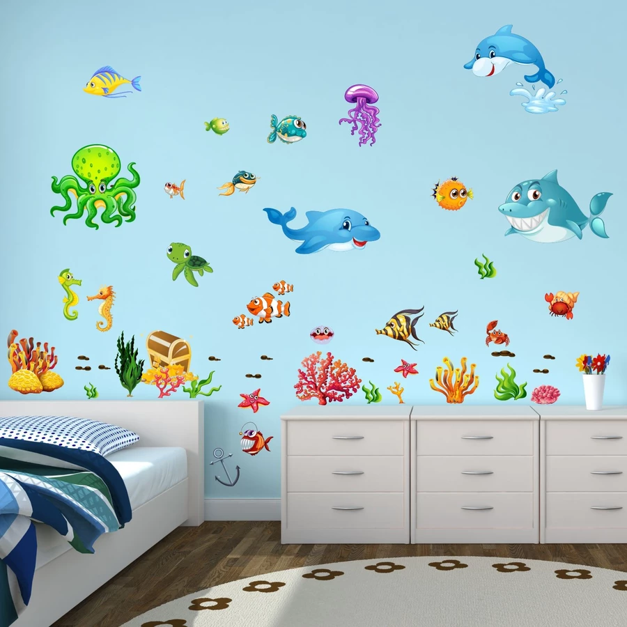 Nikima Wandtattoo 059 Wandtattoo Unterwasserwelt Fische Delfin Hai Korallen Nemo bunt